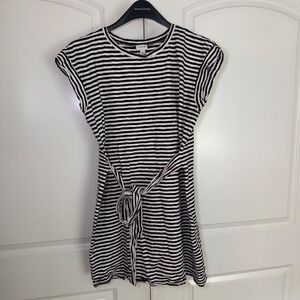 J.Crew Women Black White Striped Tie Waist Mini Dress Short Sleeve Size L